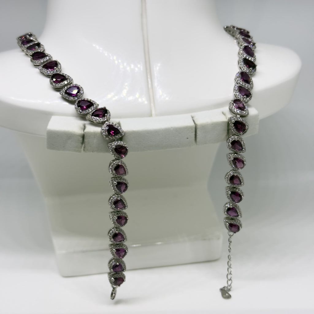 Hopeinen Rhodoliitti & Kristalli kaulakoru