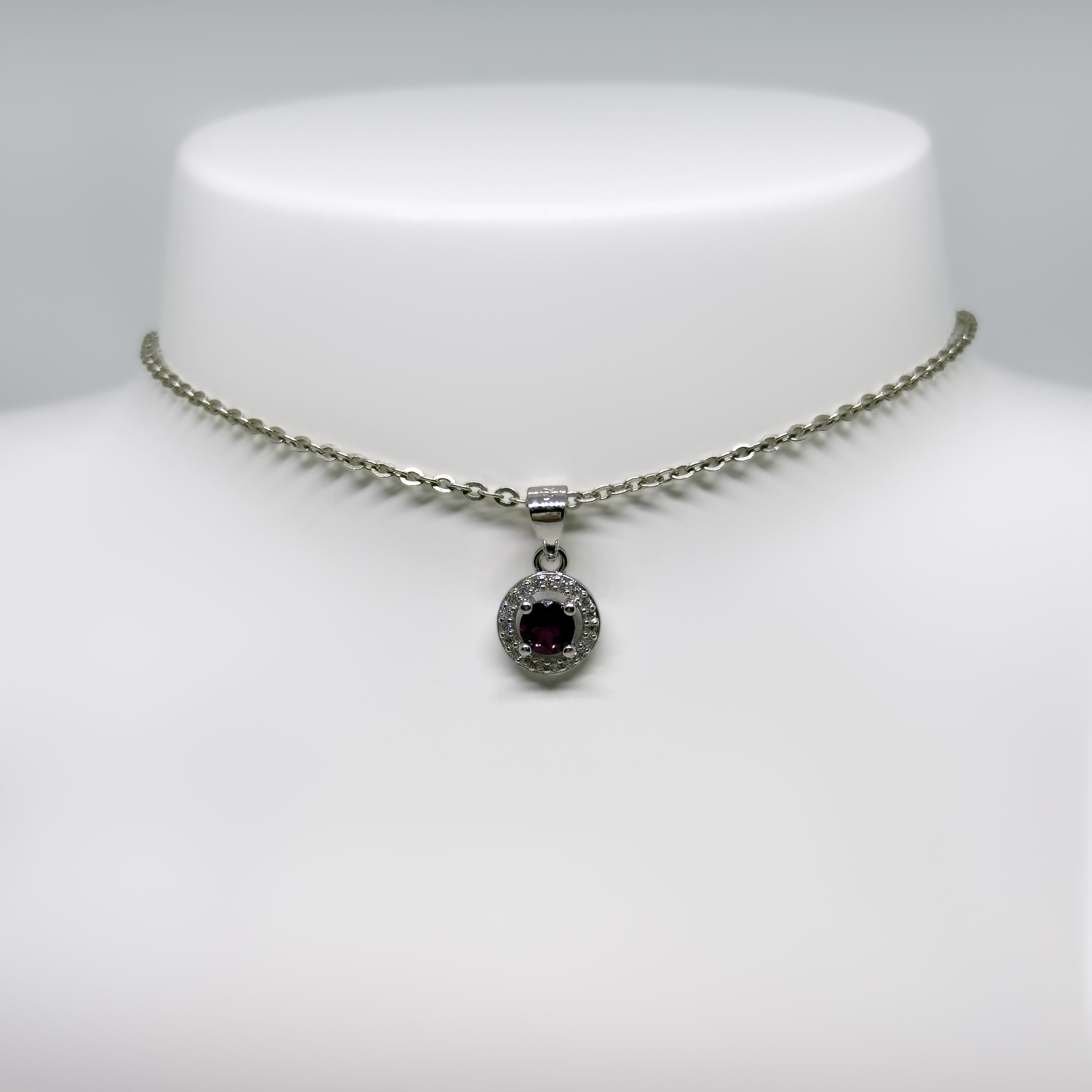 Hopeinen Rhodoliitti & Kristalli riipus