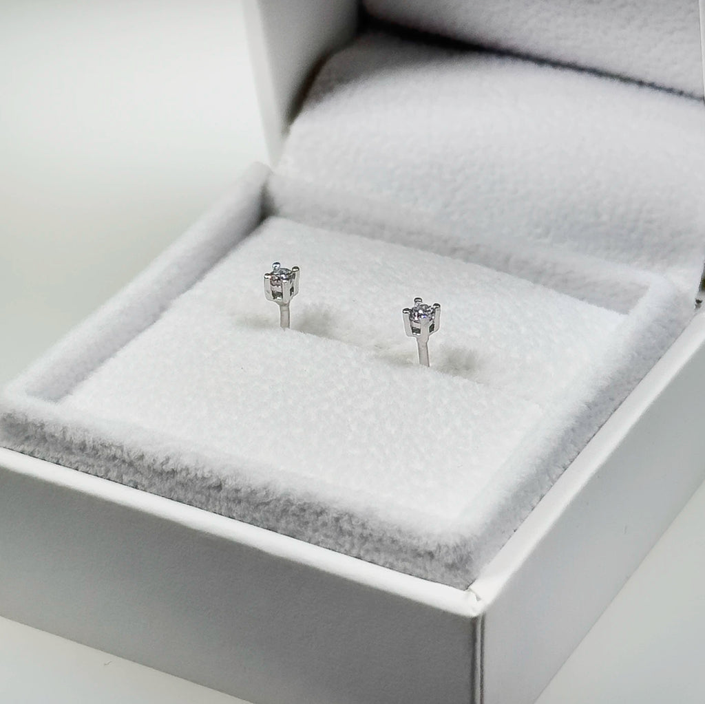 hopeiset 0,08ct laboratoriotimanttikorvakorut valkoisella taustalla